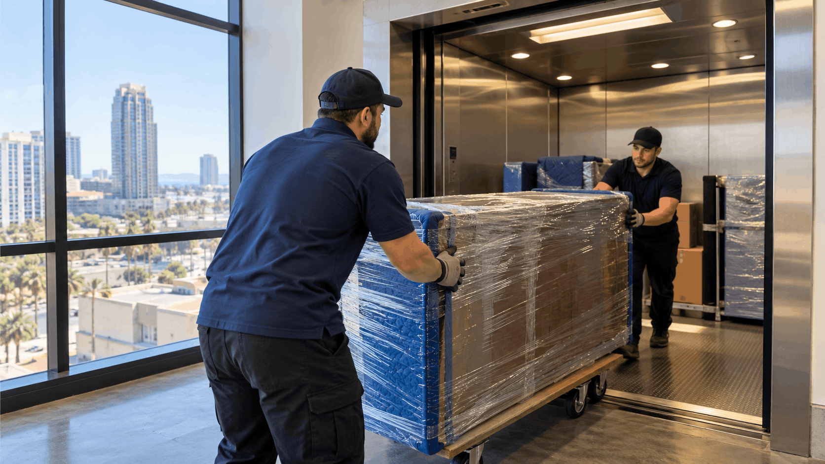 Two Popeye Moving workers loading wrapped furniture into elevator high-rise Los Angeles