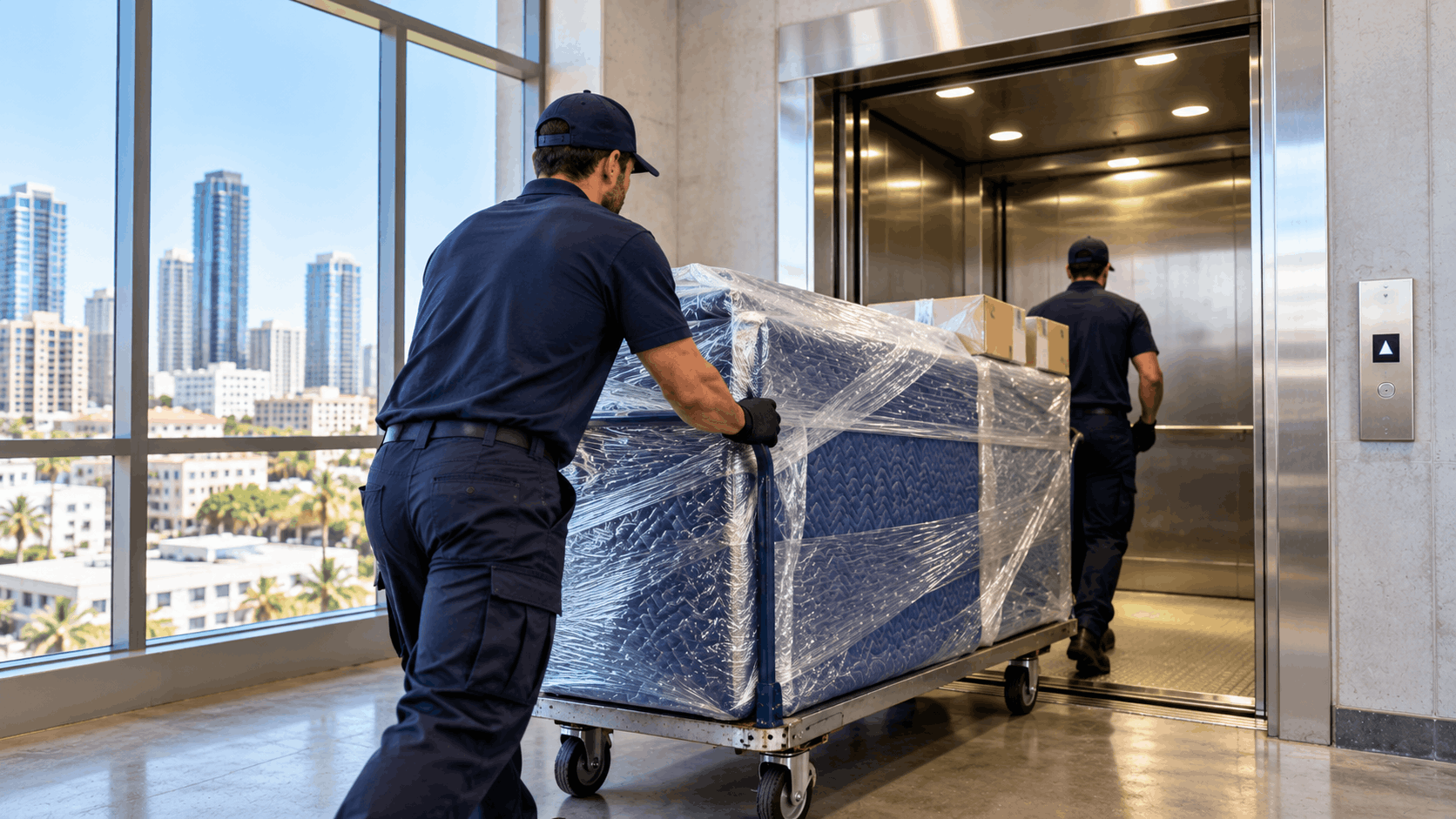 Two movers in uniform loading plastic-wrapped mattress onto elevator dolly