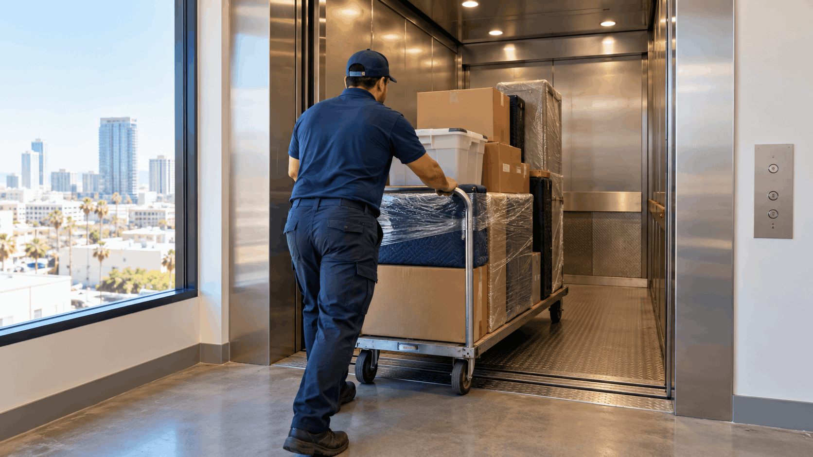 Mover pushing loaded cart into freight elevator in Los Angeles high-rise building