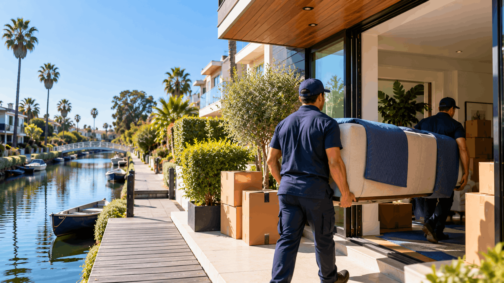 Two movers carrying sofa into luxury canal-facing home in Los Angeles