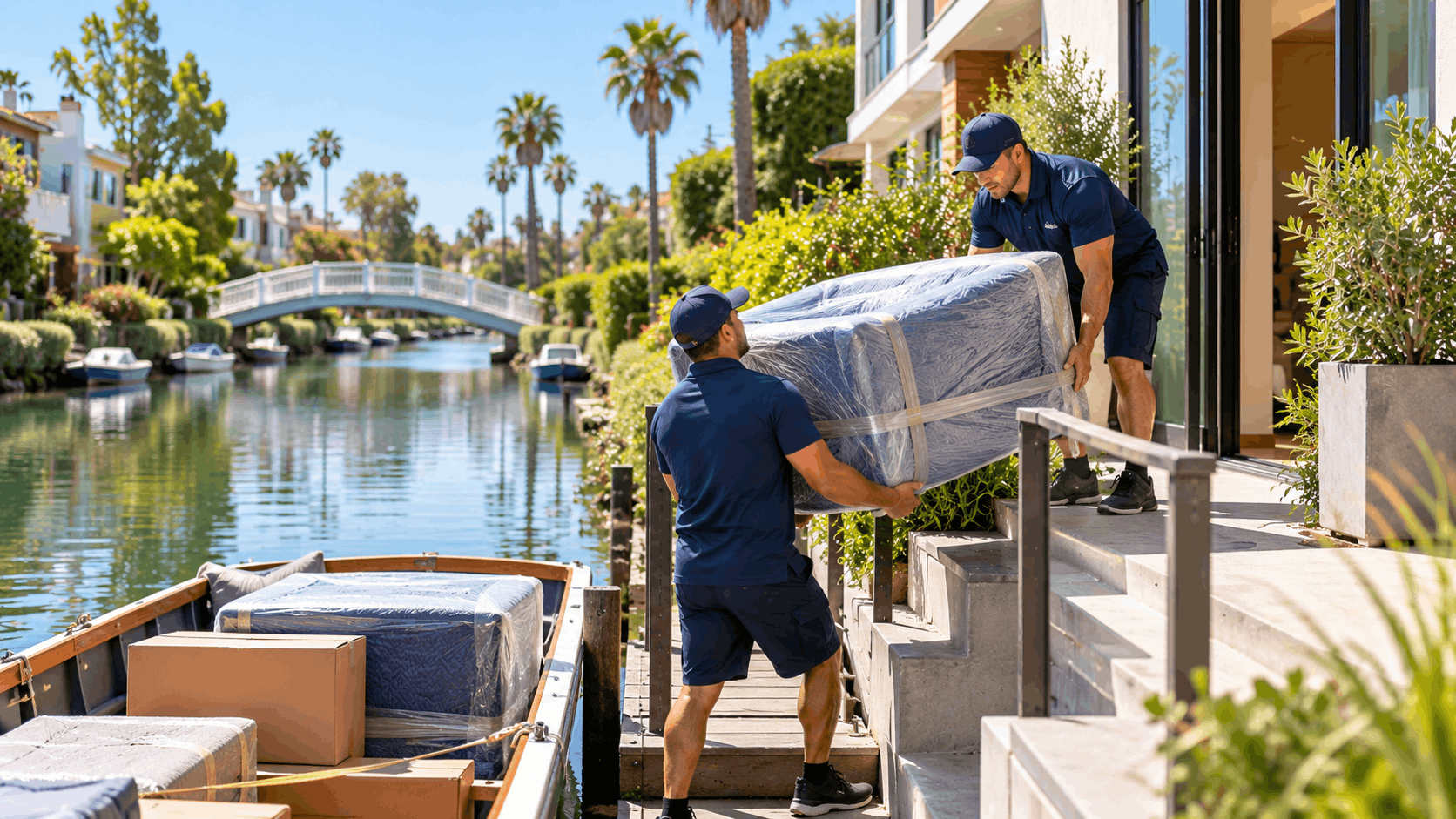 Two movers carrying wrapped furniture from boat along Venice Canal walkway