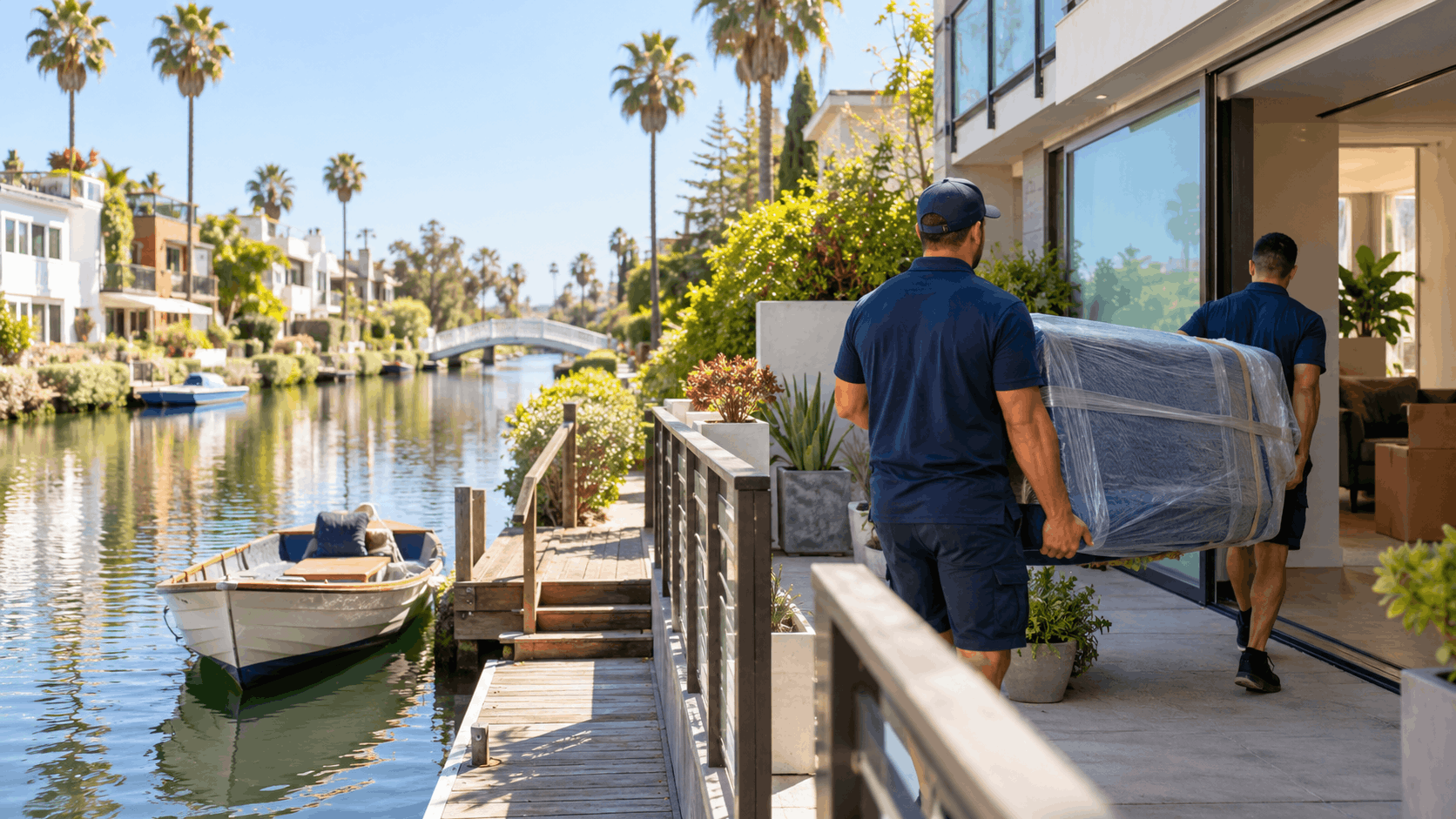 Two movers carrying wrapped furniture along Venice Canal waterfront home deck