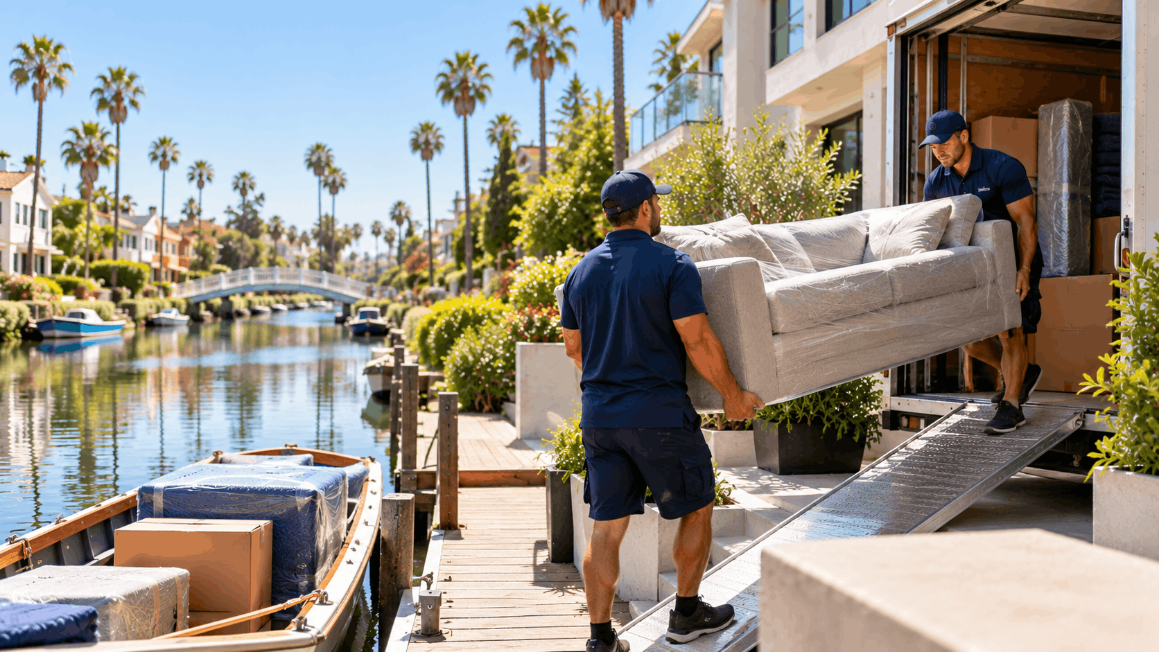 Two Popeye Moving crew members unloading wrapped sofa from truck at Venice Canal