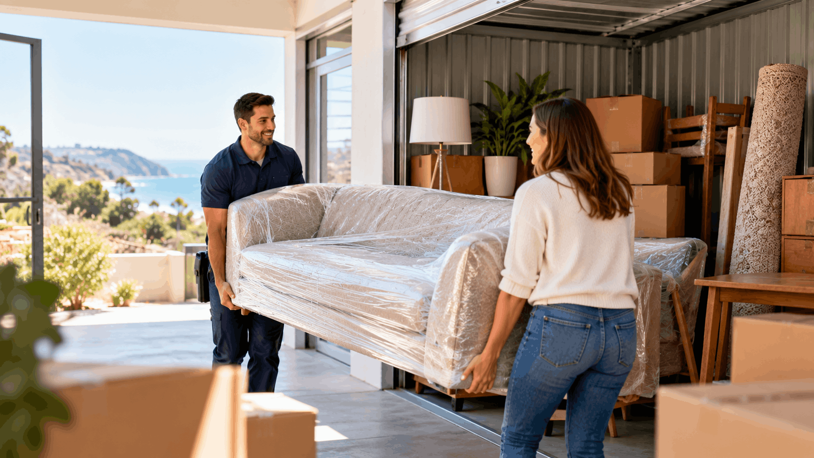 Two movers carrying plastic-wrapped sofa into Los Angeles home during relocation