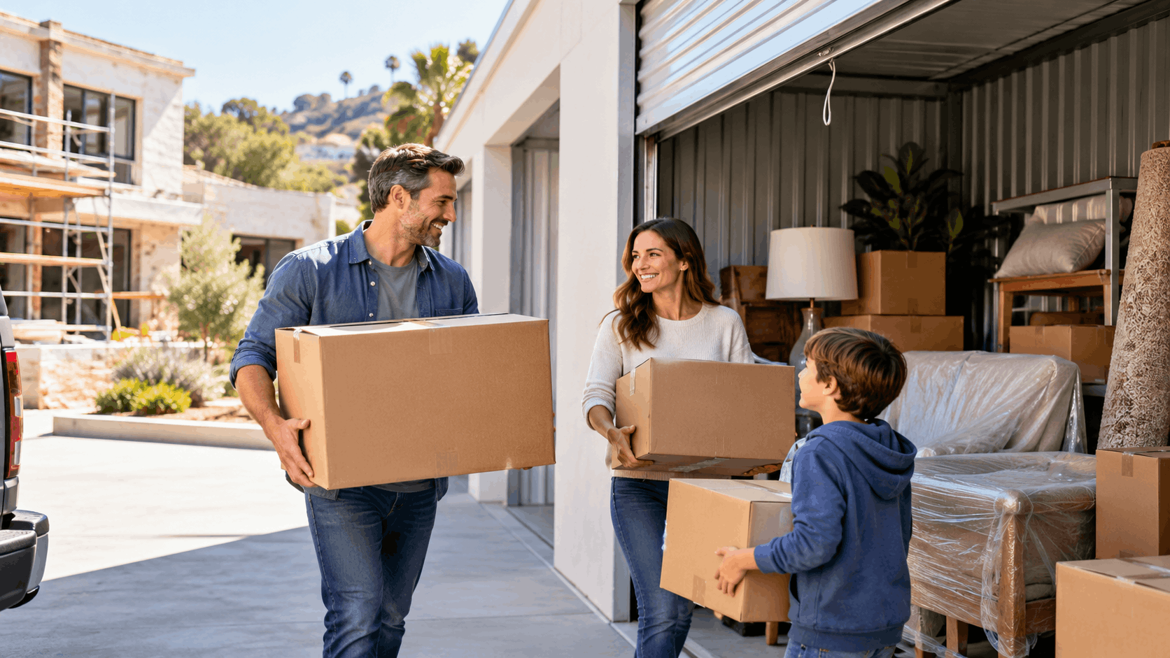 Happy family carrying cardboard boxes into outdoor storage unit in Los Angeles