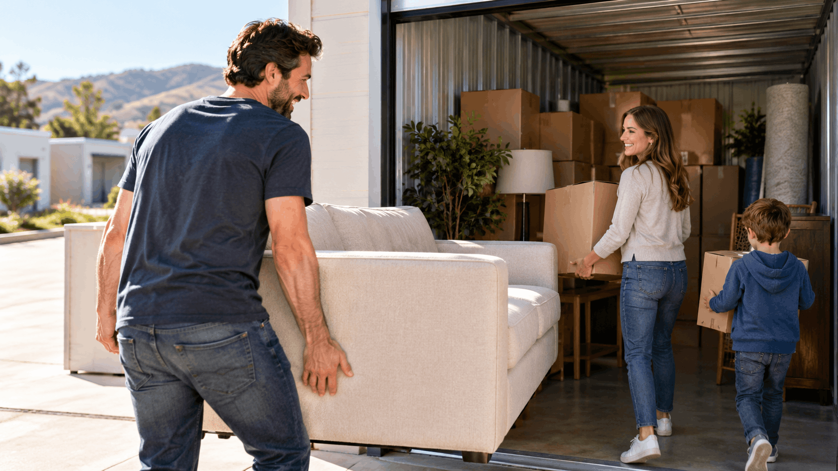 Happy family unloading sofa and boxes from moving truck during Los Angeles relocation