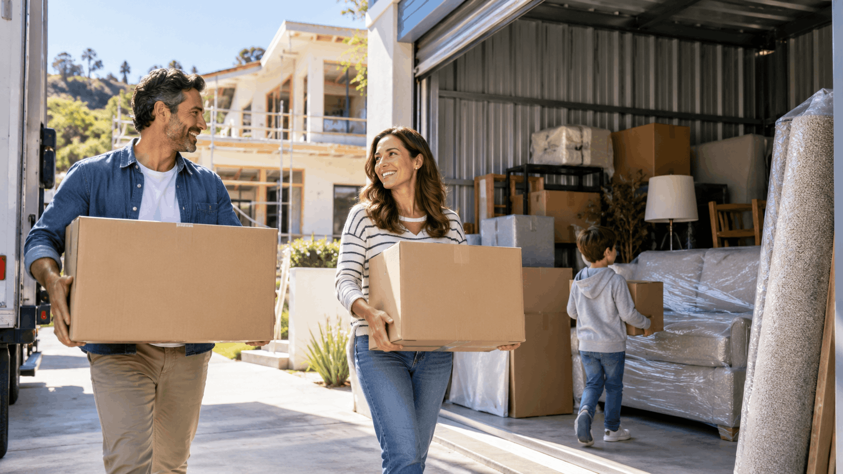 Happy family unloading cardboard boxes from moving truck during Los Angeles home remodel