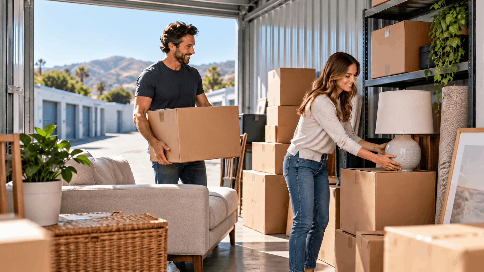 Couple organizing boxes and furniture inside Pacific Palisades self-storage unit