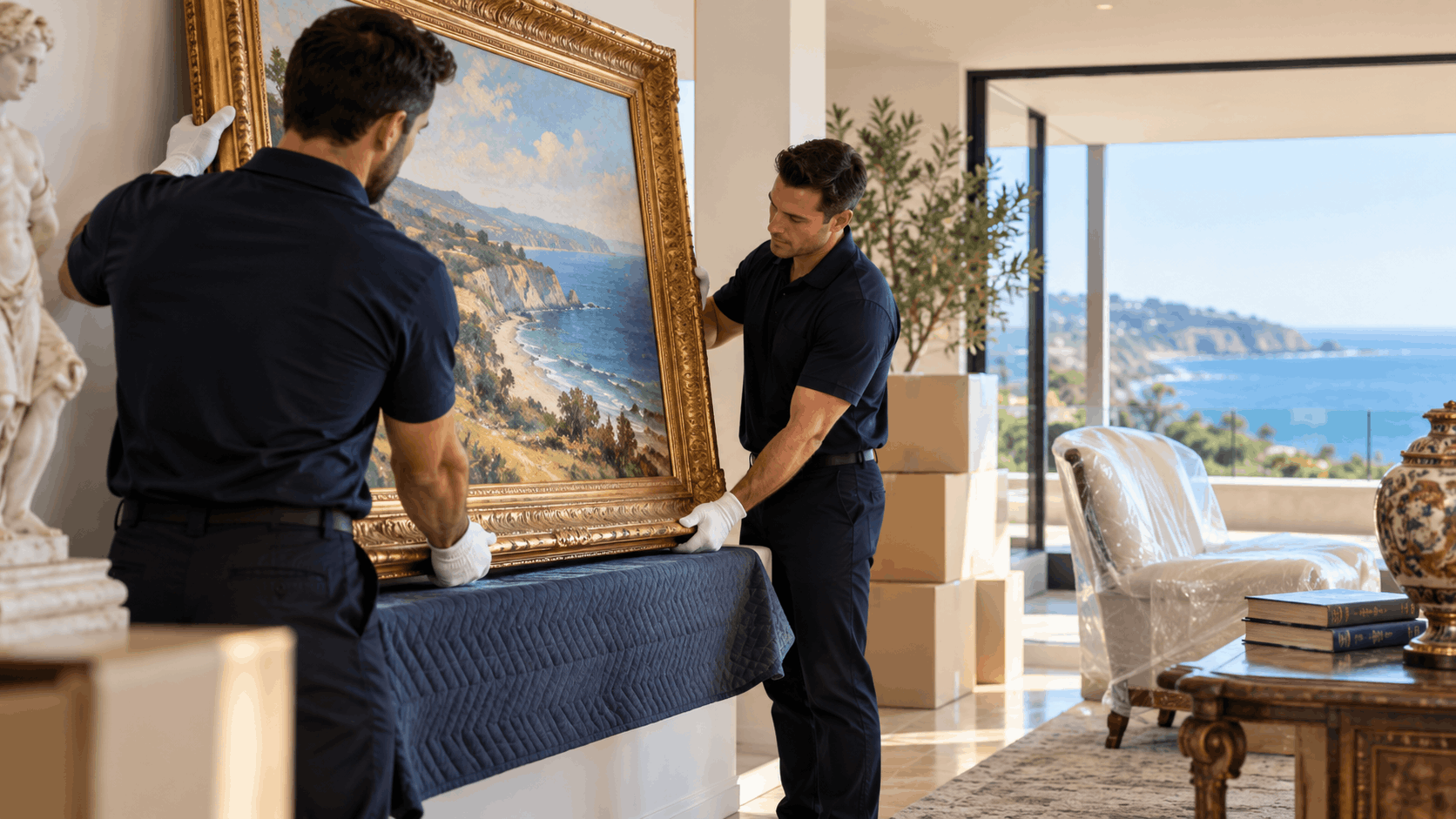 Two white glove movers carefully handling large framed coastal painting in luxury Los Angeles home