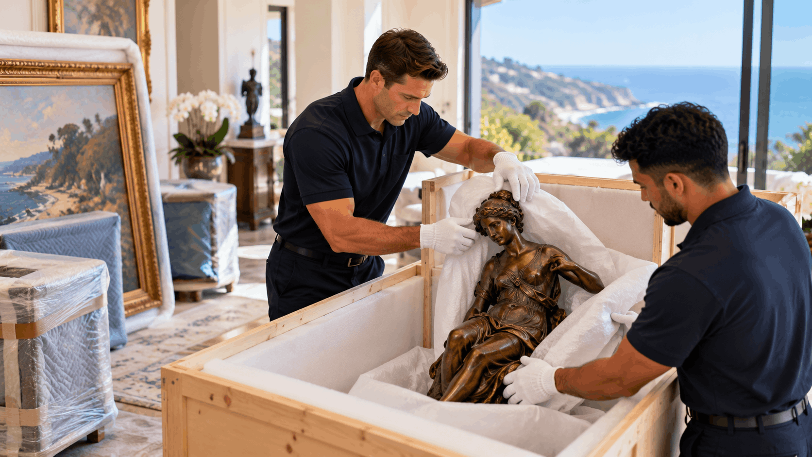 Two movers carefully unpacking bronze classical sculpture from padded wooden crate in Malibu home