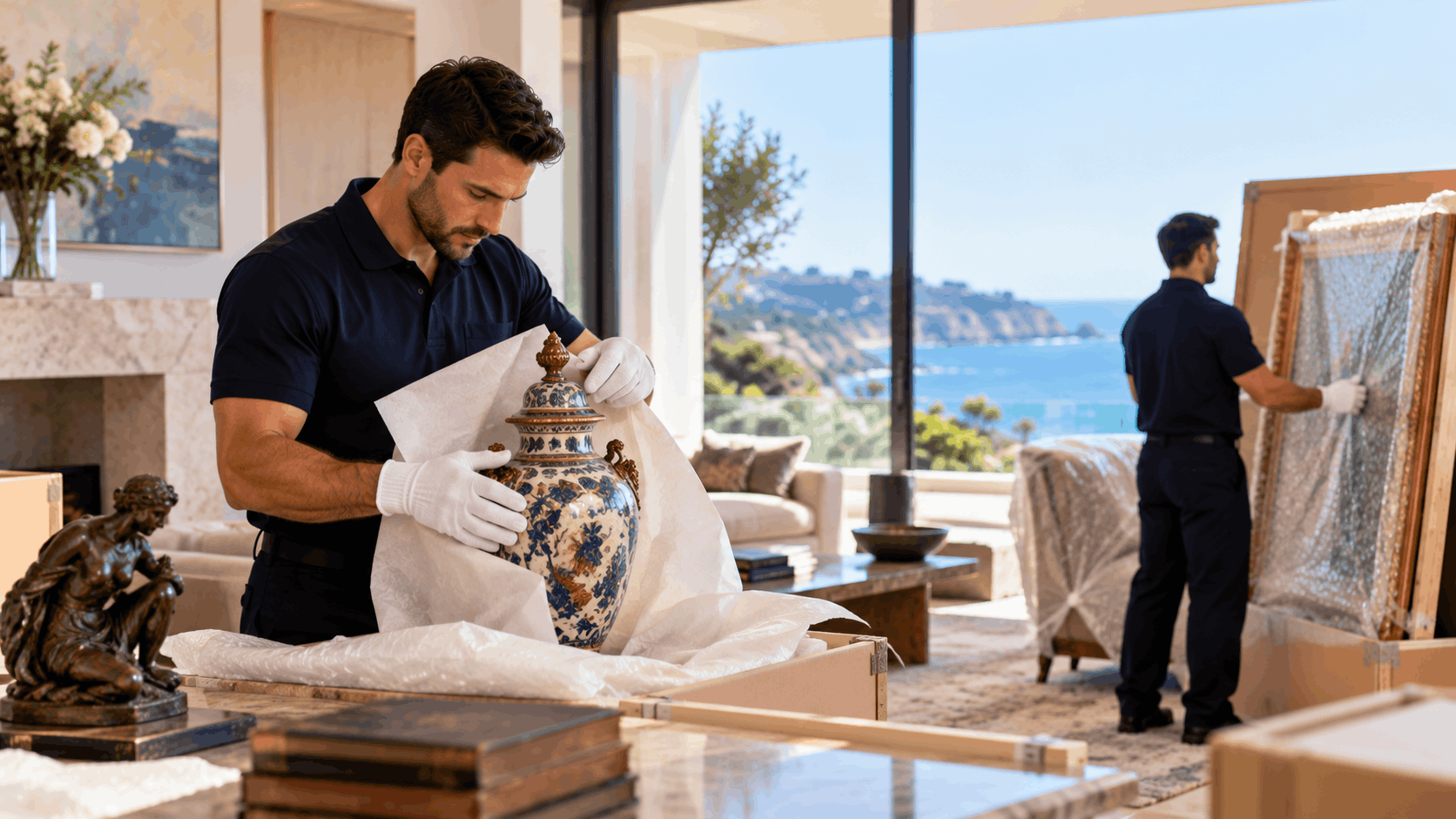 Professional movers carefully packing luxury antiques and fine art in oceanview home