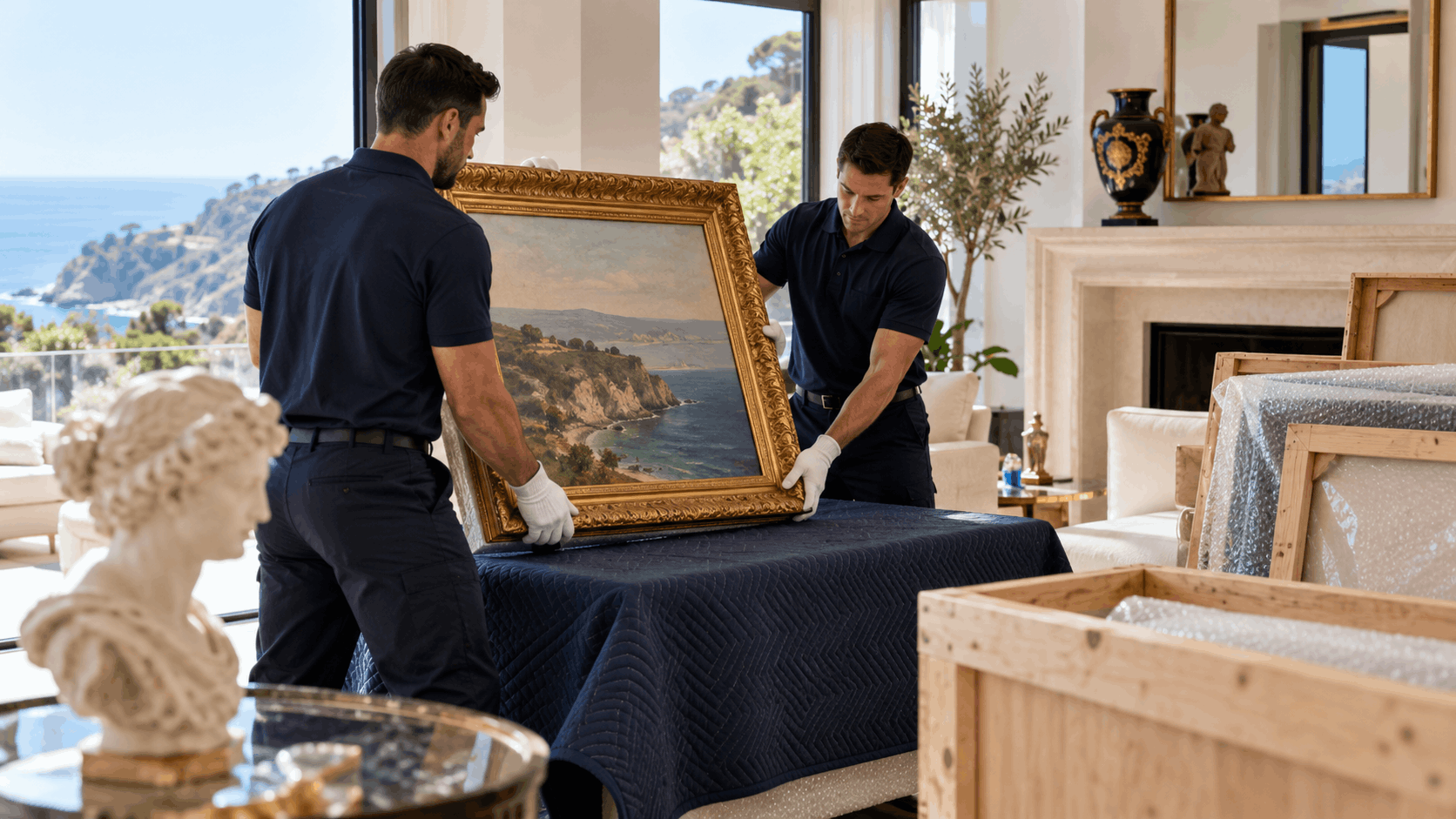 Two professional movers carefully handling framed coastal painting in luxury Palisades home