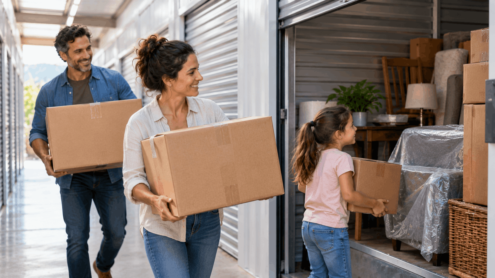 Family carrying cardboard boxes into storage unit during Mar Vista home remodel