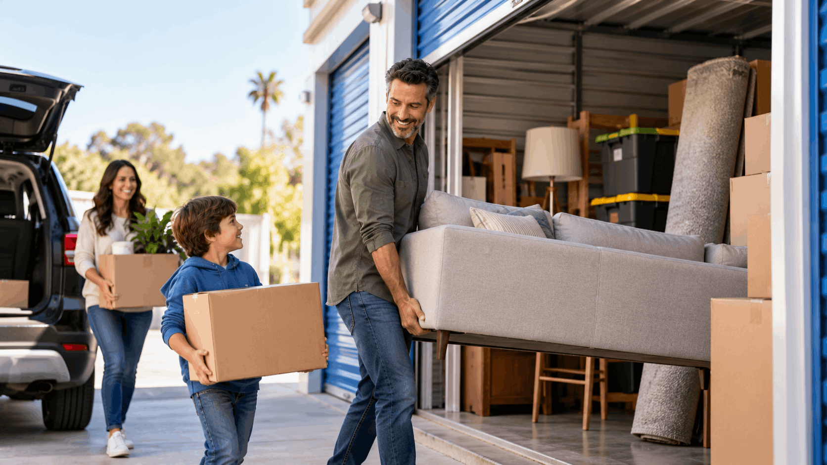 Family loading furniture and boxes into a self-storage unit in Los Angeles