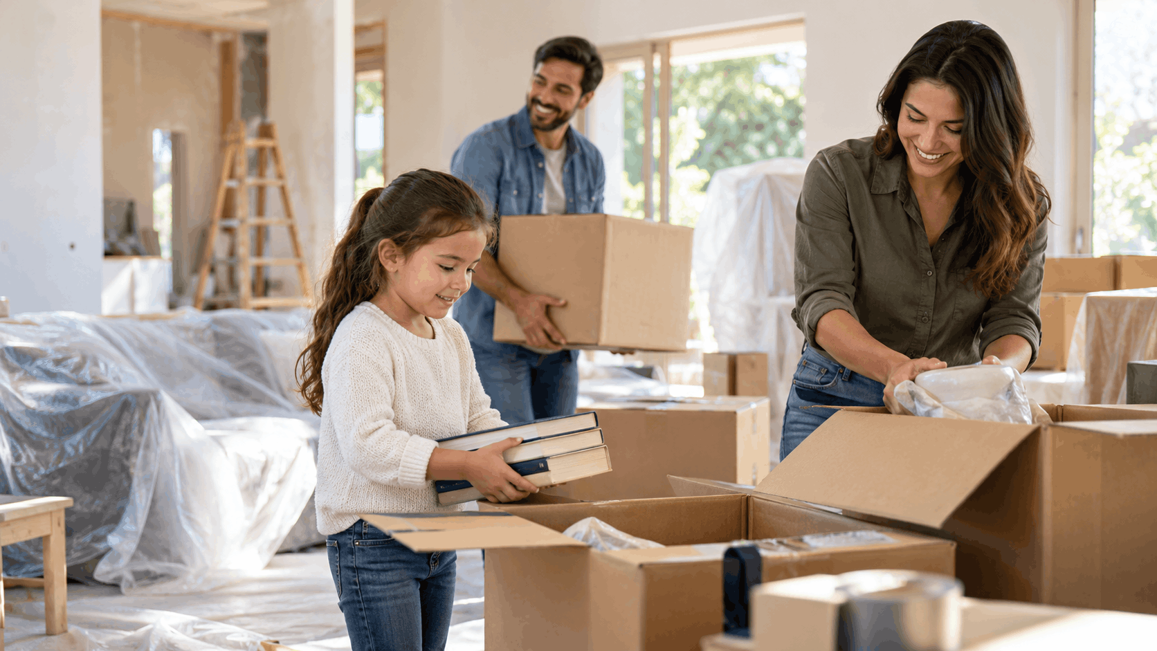 Happy family unpacking cardboard moving boxes in new Los Angeles home