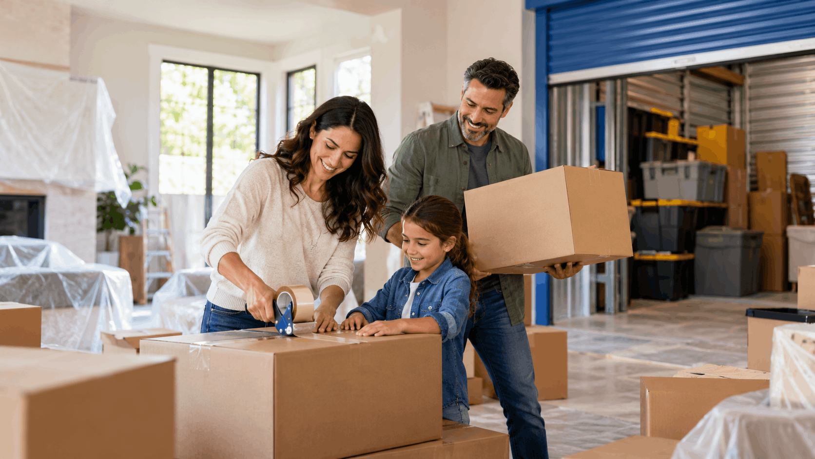 Happy family packing cardboard boxes near open storage unit during Los Angeles move
