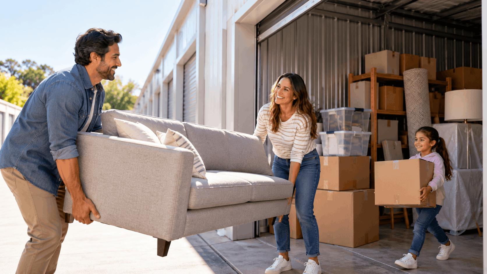 Family moving couch and boxes into self storage unit during home remodel