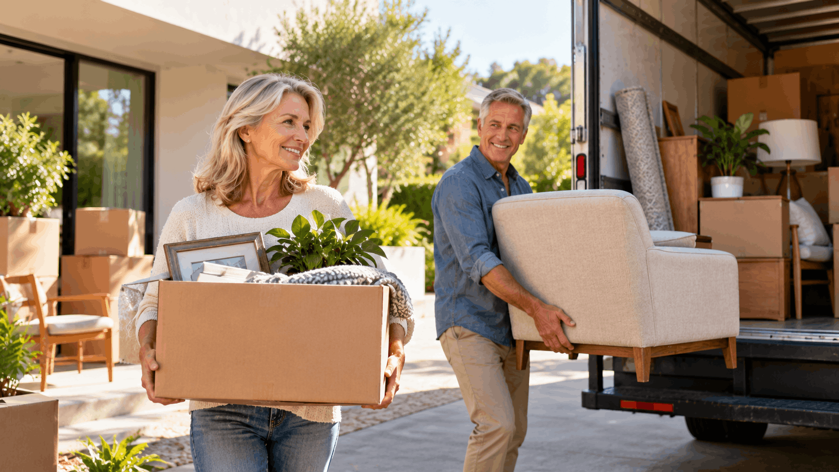 Smiling couple unloading boxes and furniture from moving truck outside home