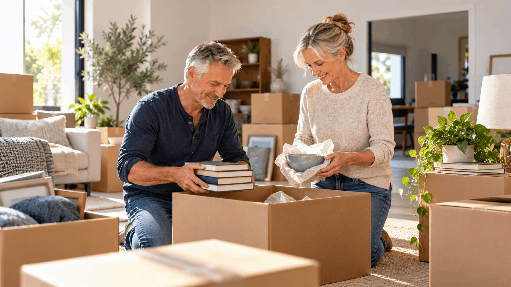 Smiling middle-aged couple unpacking cardboard boxes during Los Angeles downsizing move