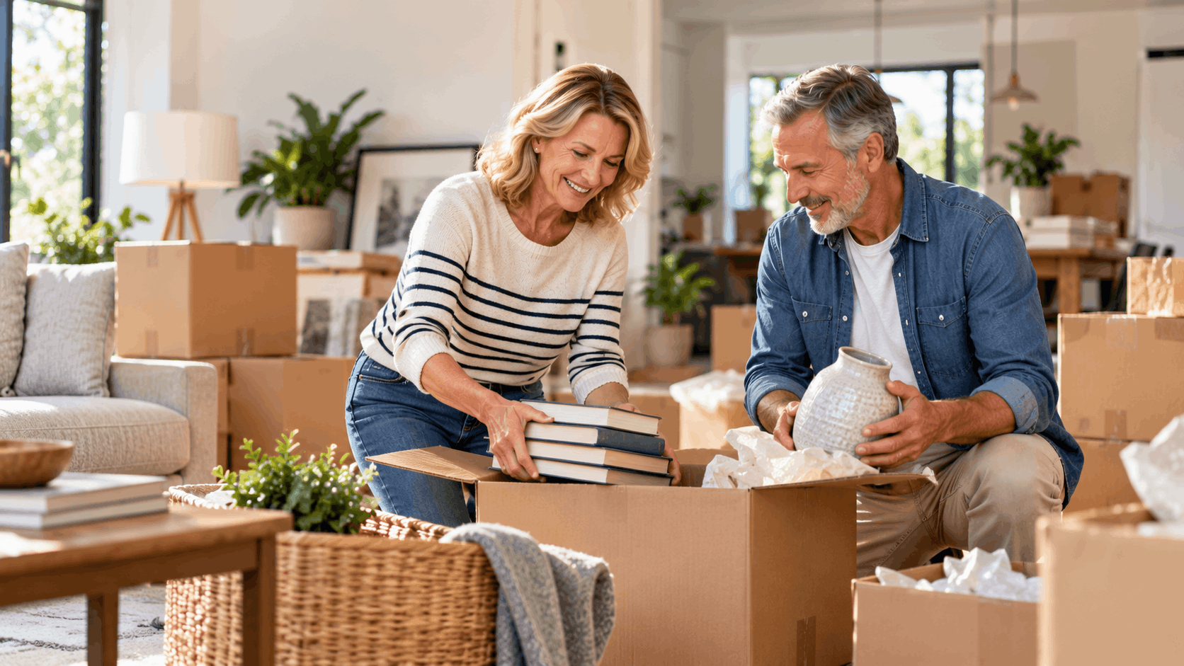 Smiling couple unpacking boxes and valuables while moving into Los Angeles home
