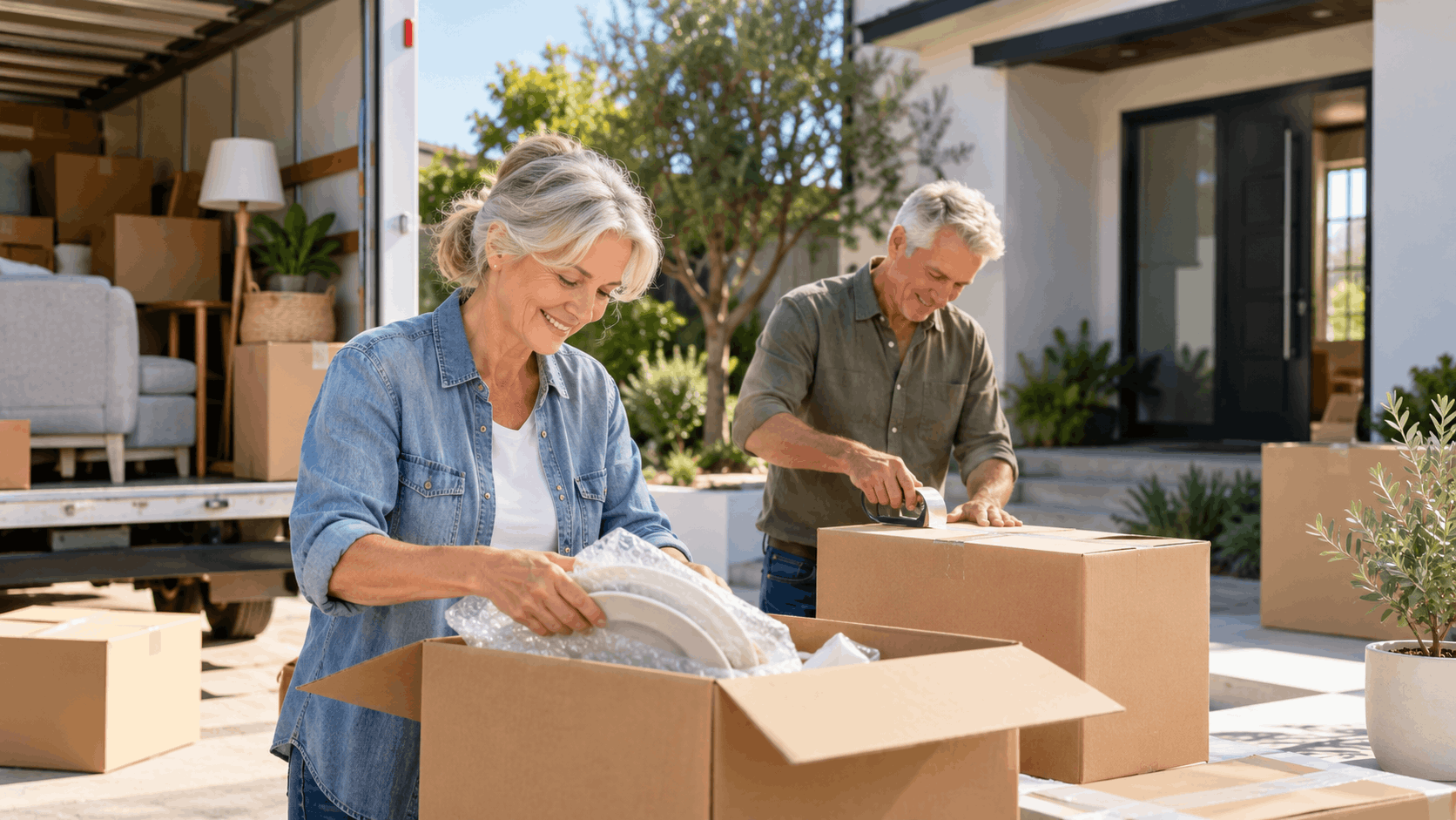 Smiling older couple unpacking cardboard moving boxes outside new Los Angeles home