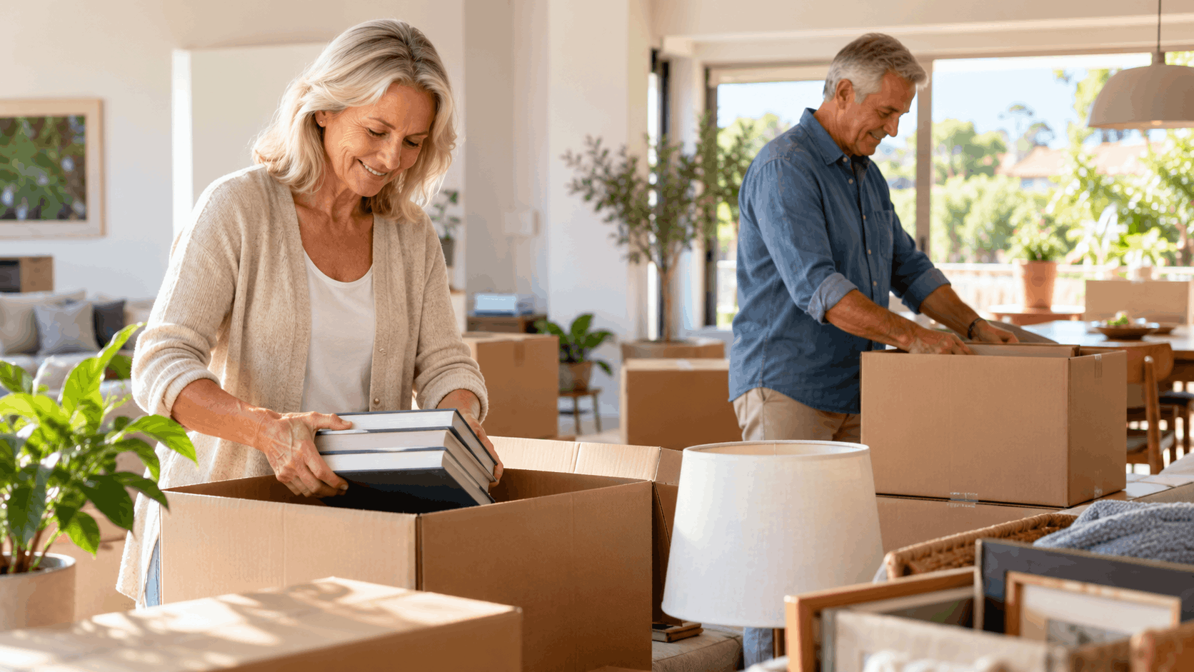 Older couple packing cardboard boxes with books while downsizing home in Los Angeles