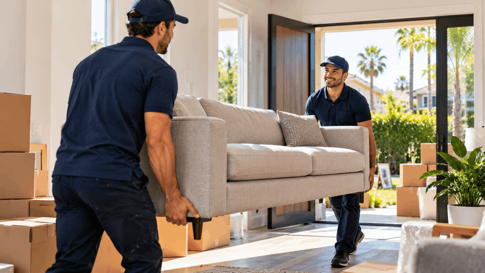 Two professional movers in navy uniforms carrying gray sofa into sunny Los Angeles home