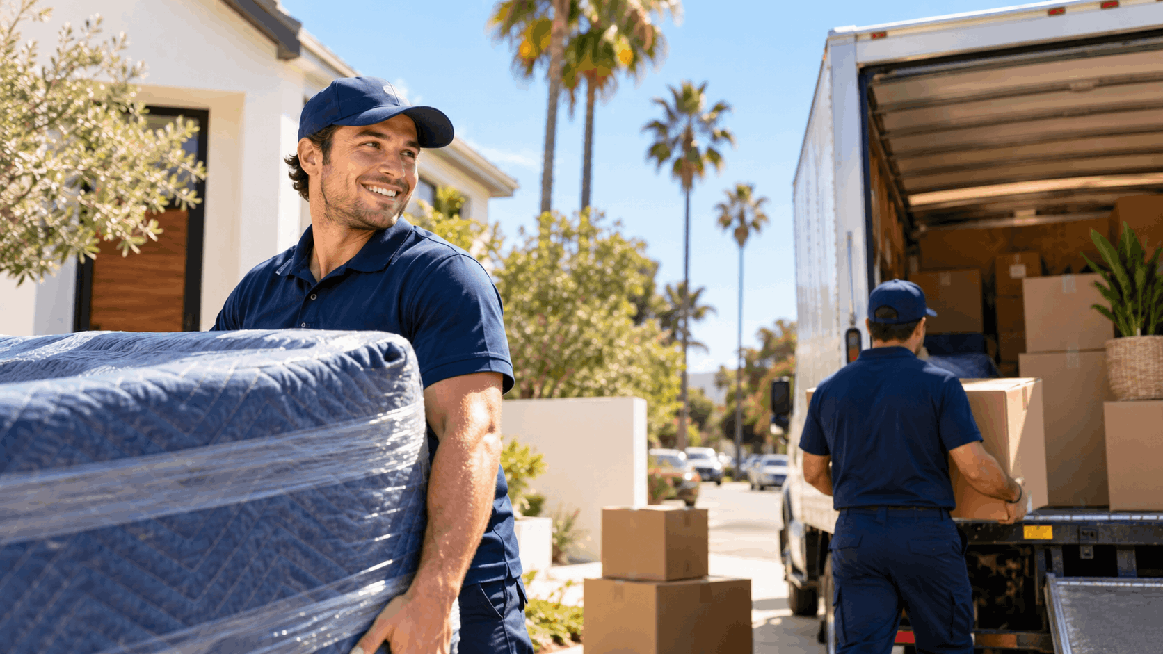 Two smiling movers in blue uniforms unloading boxes and mattress from moving truck in Los Angeles