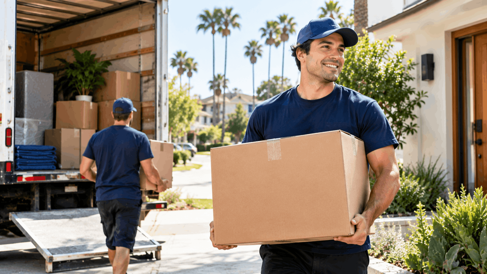 Two smiling movers in blue uniforms unloading cardboard boxes from moving truck in Los Angeles neighborhood