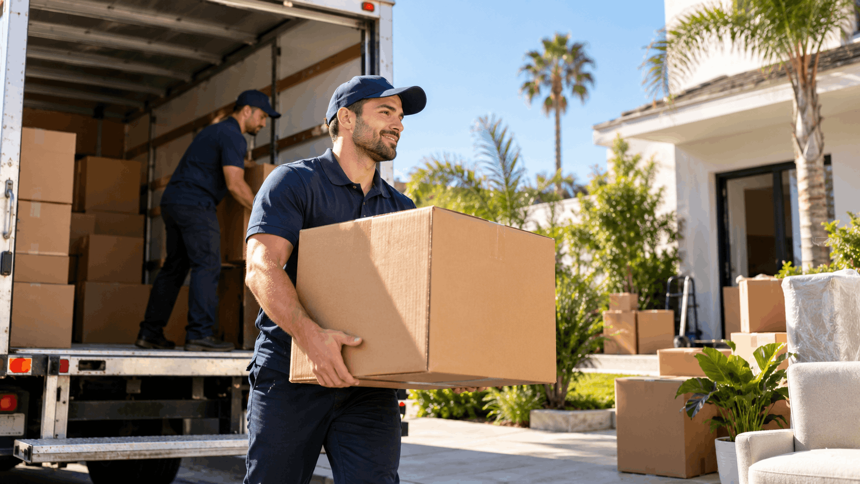 Two professional movers unloading cardboard boxes from moving truck at Los Angeles home