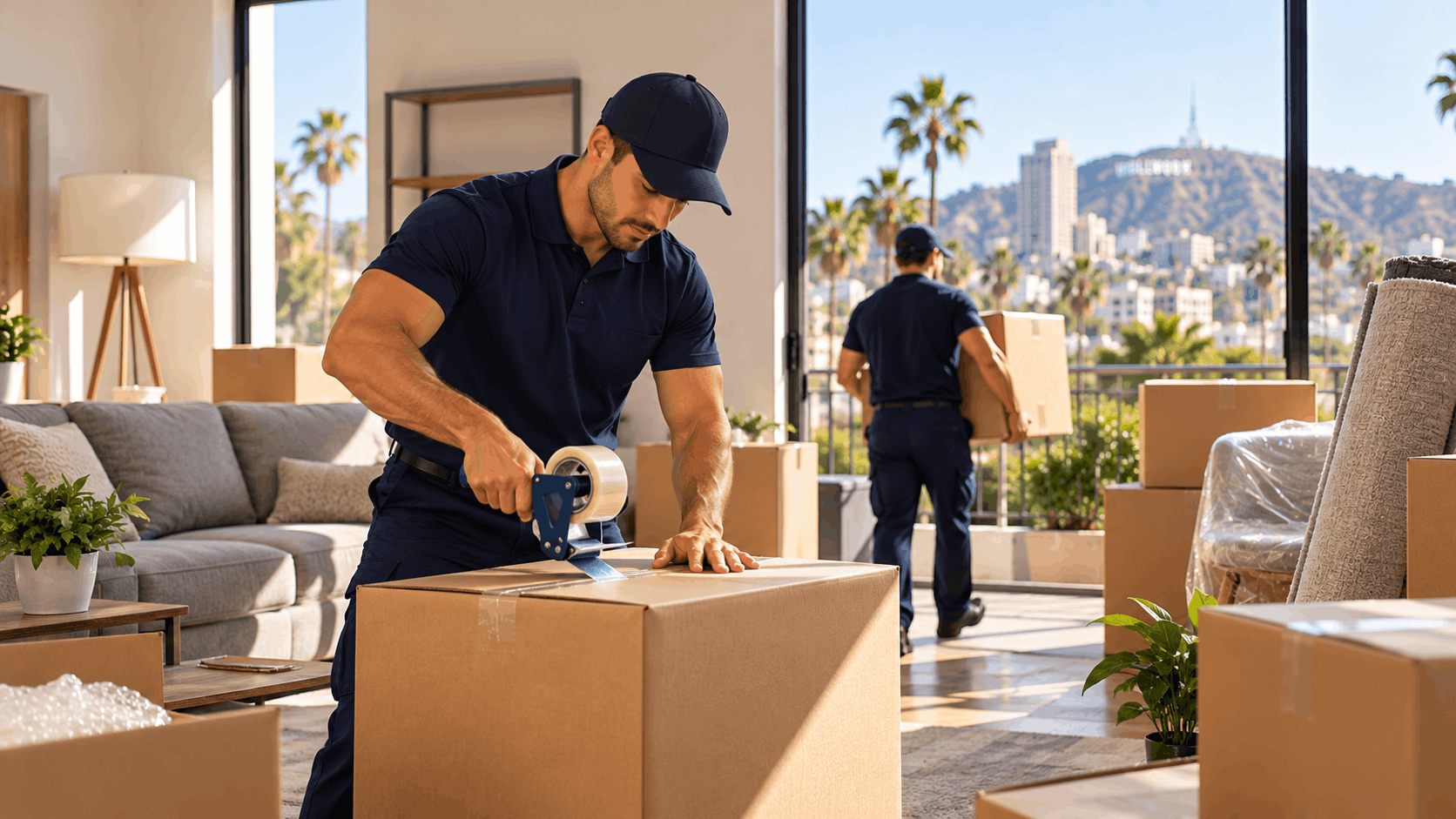 Professional movers packing boxes in a Hollywood Los Angeles apartment with iconic sign visible