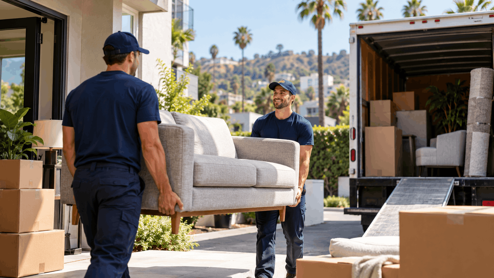 Two professional movers carrying gray sofa from moving truck in Hollywood Los Angeles
