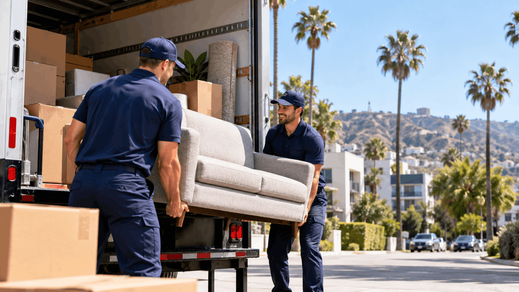 Two professional movers unloading gray sofa from moving truck in Los Angeles
