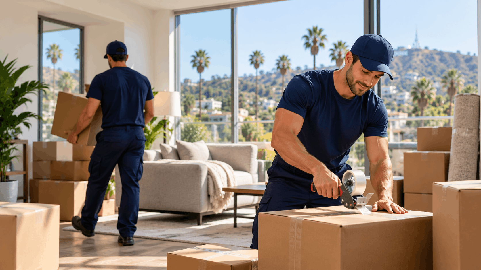 Two professional movers in blue uniforms packing boxes in Los Angeles home