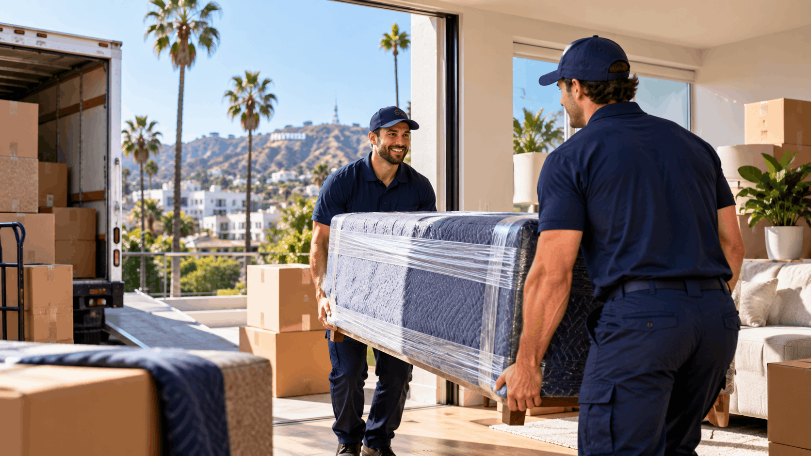 Two movers carrying wrapped mattress into Hollywood Los Angeles one-bedroom apartment