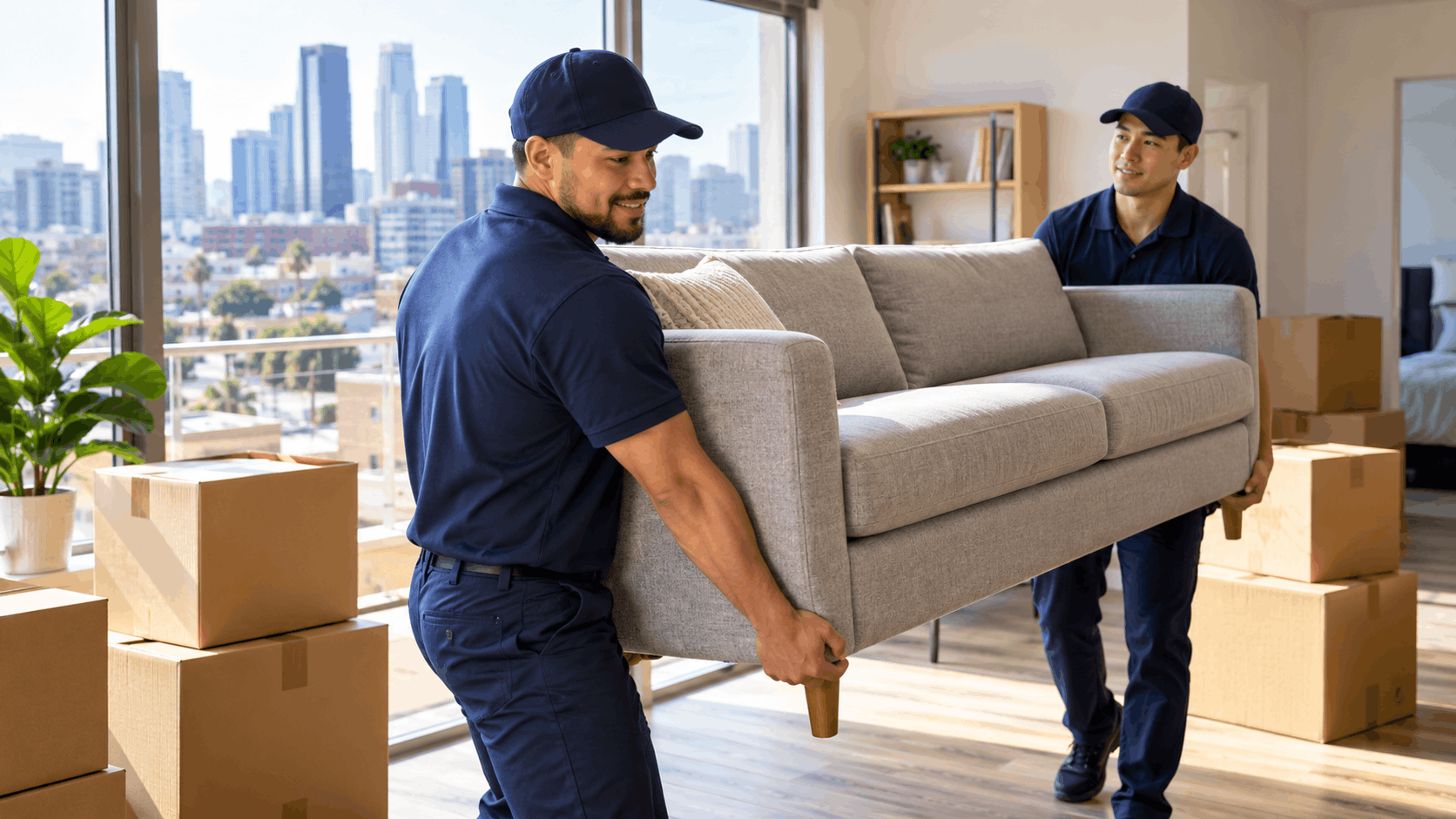 Two professional movers in navy uniforms carrying gray sofa in Los Angeles apartment