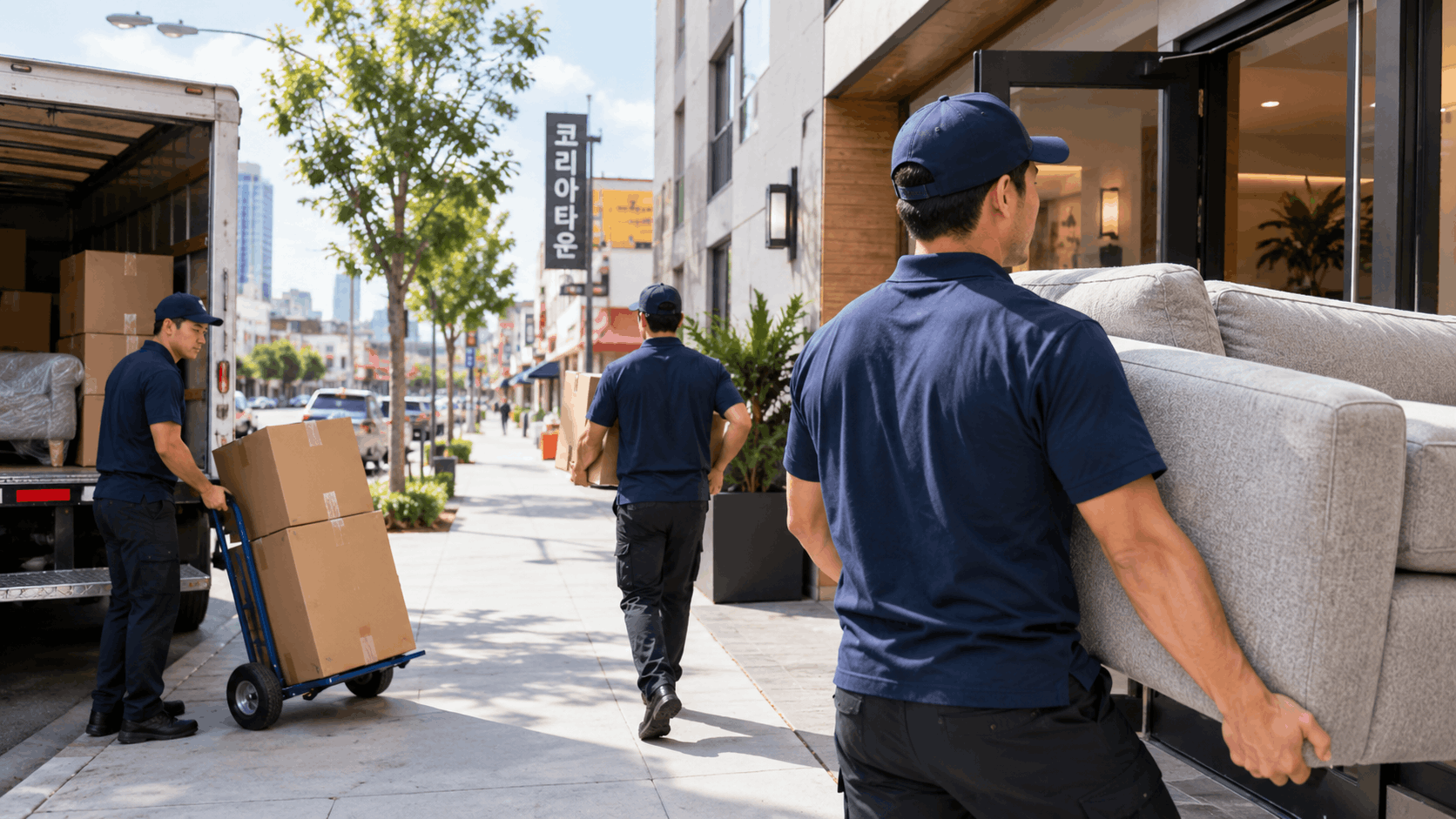 Professional movers unloading boxes and furniture on Koreatown Los Angeles street