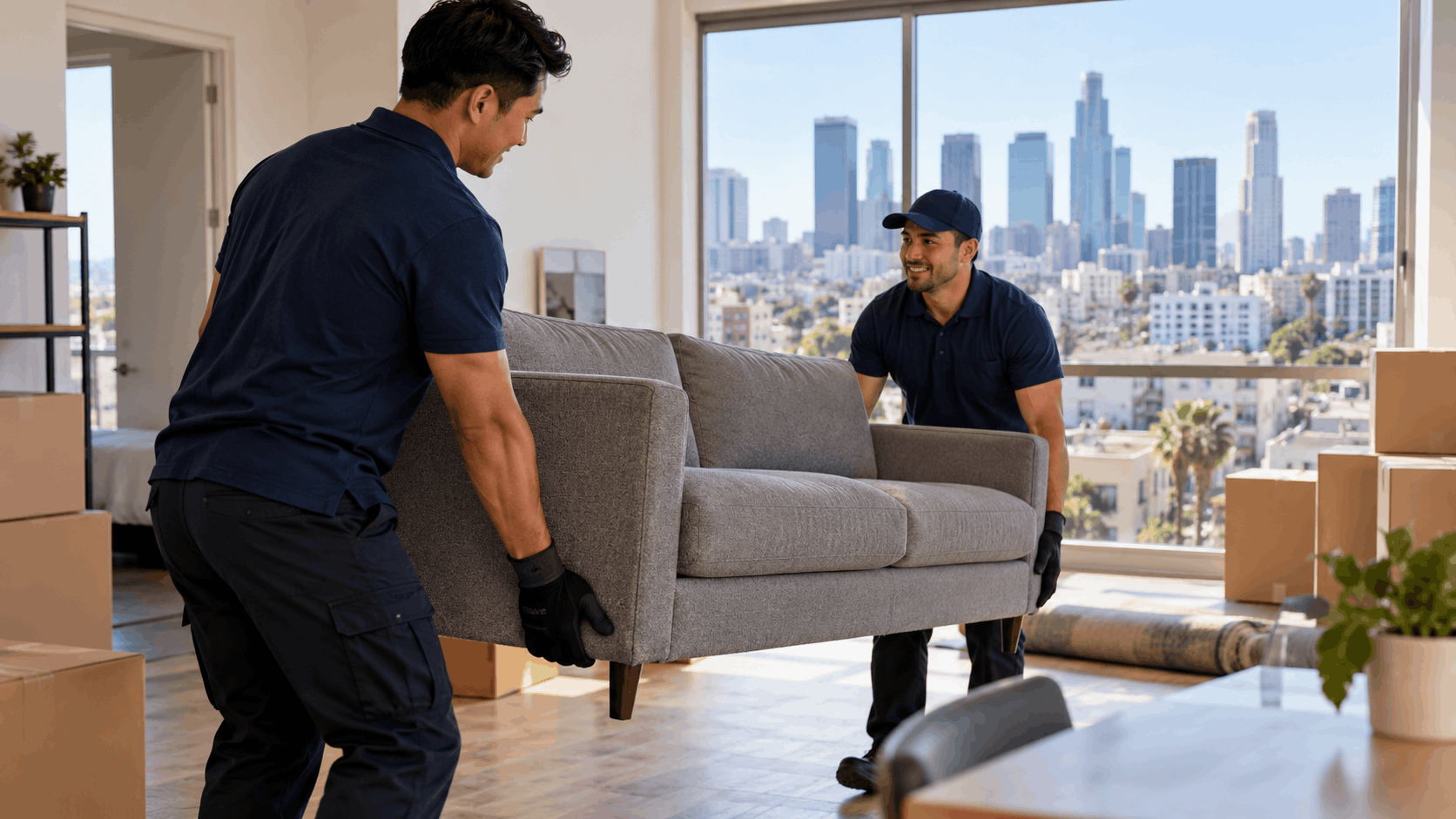 Two professional movers carrying gray sofa in modern Los Angeles apartment during relocation