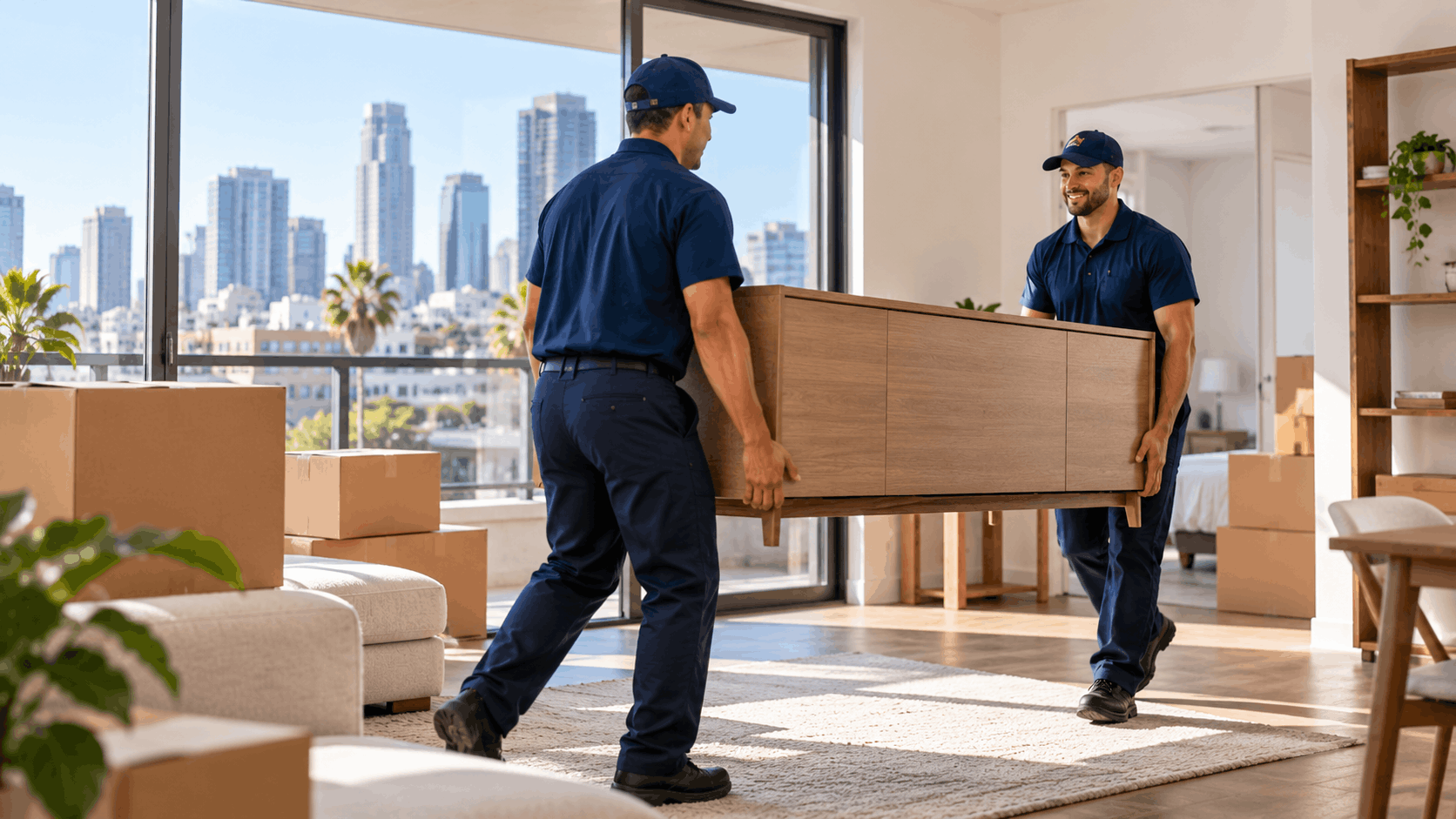 Two professional movers in blue uniforms carrying wooden furniture in Los Angeles apartment