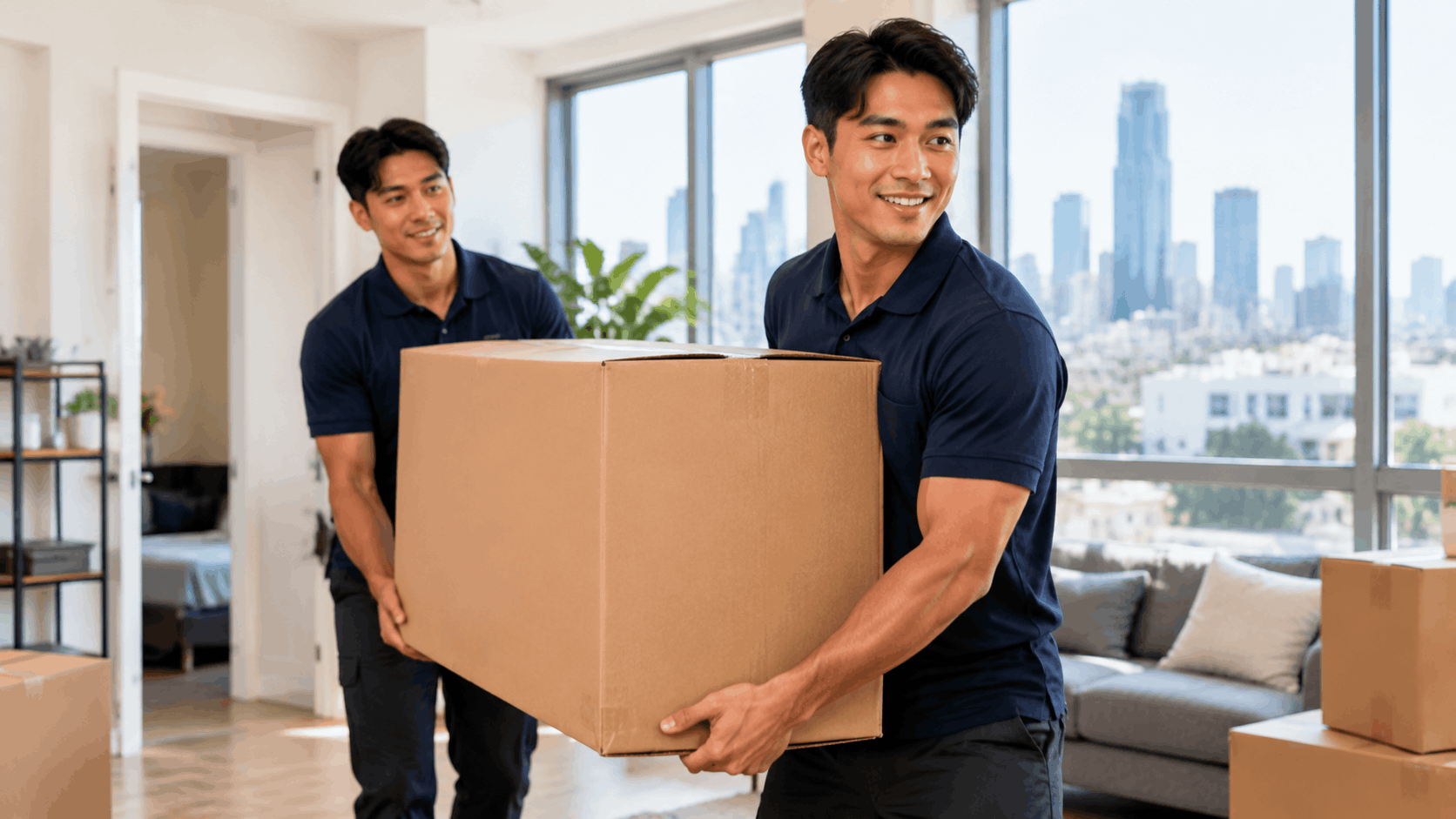 Two professional movers carrying large cardboard box in modern Los Angeles apartment