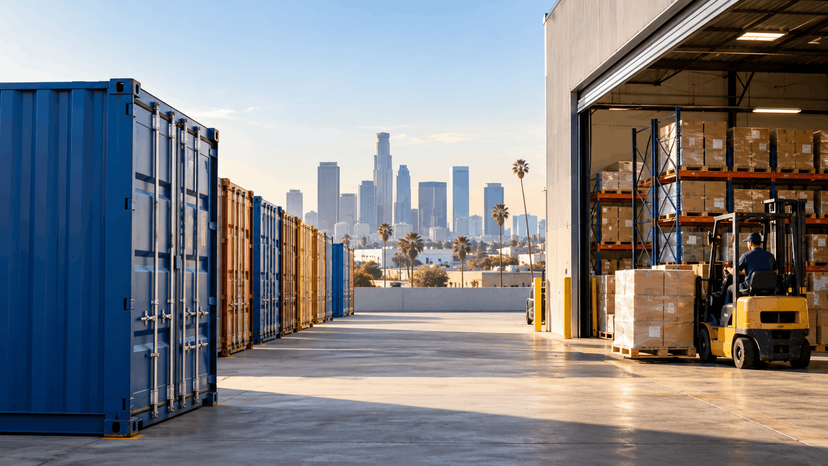 Los Angeles warehouse with shipping containers, forklift, and downtown skyline visible