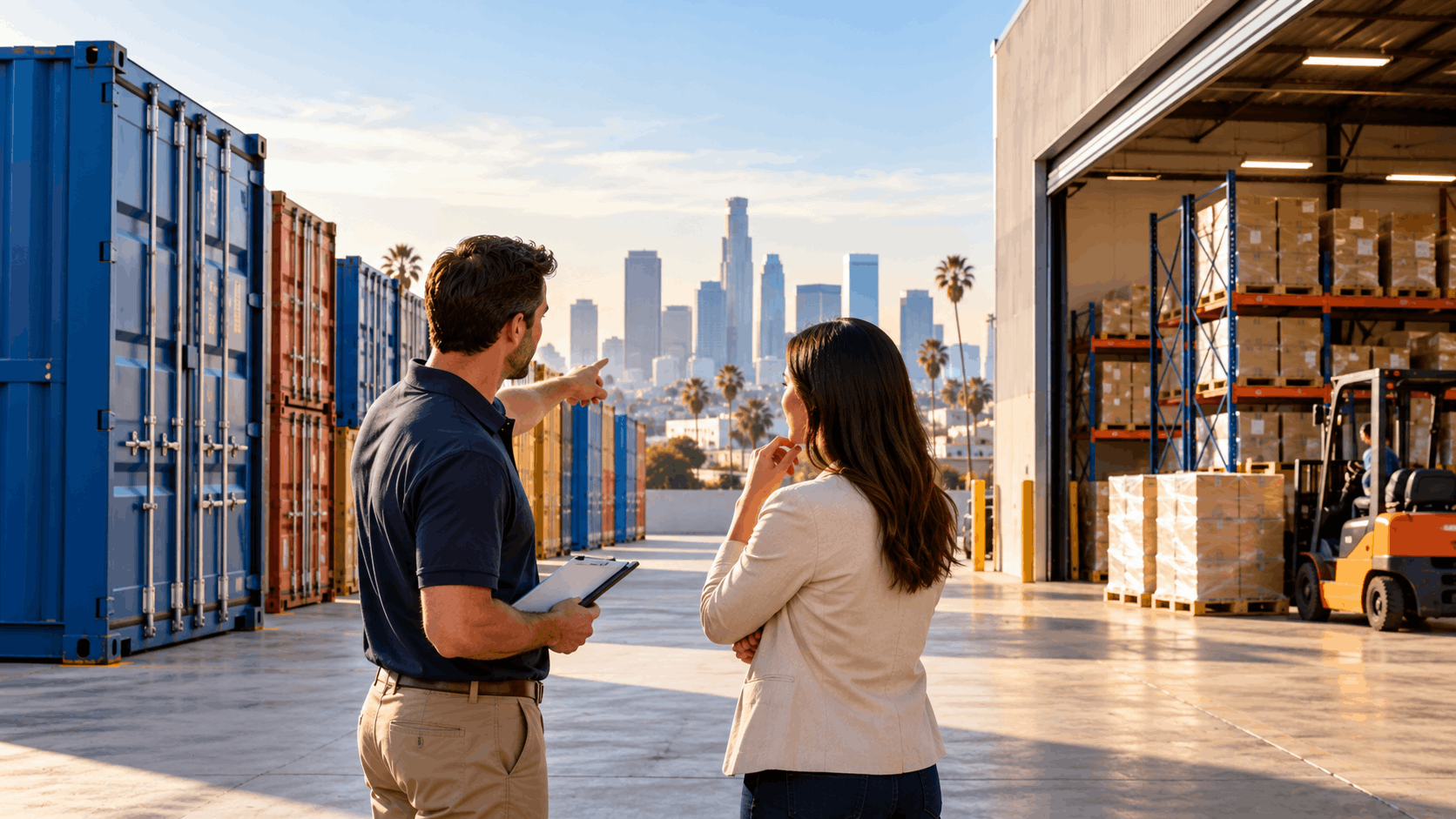Two logistics professionals reviewing storage container costs at Los Angeles warehouse facility