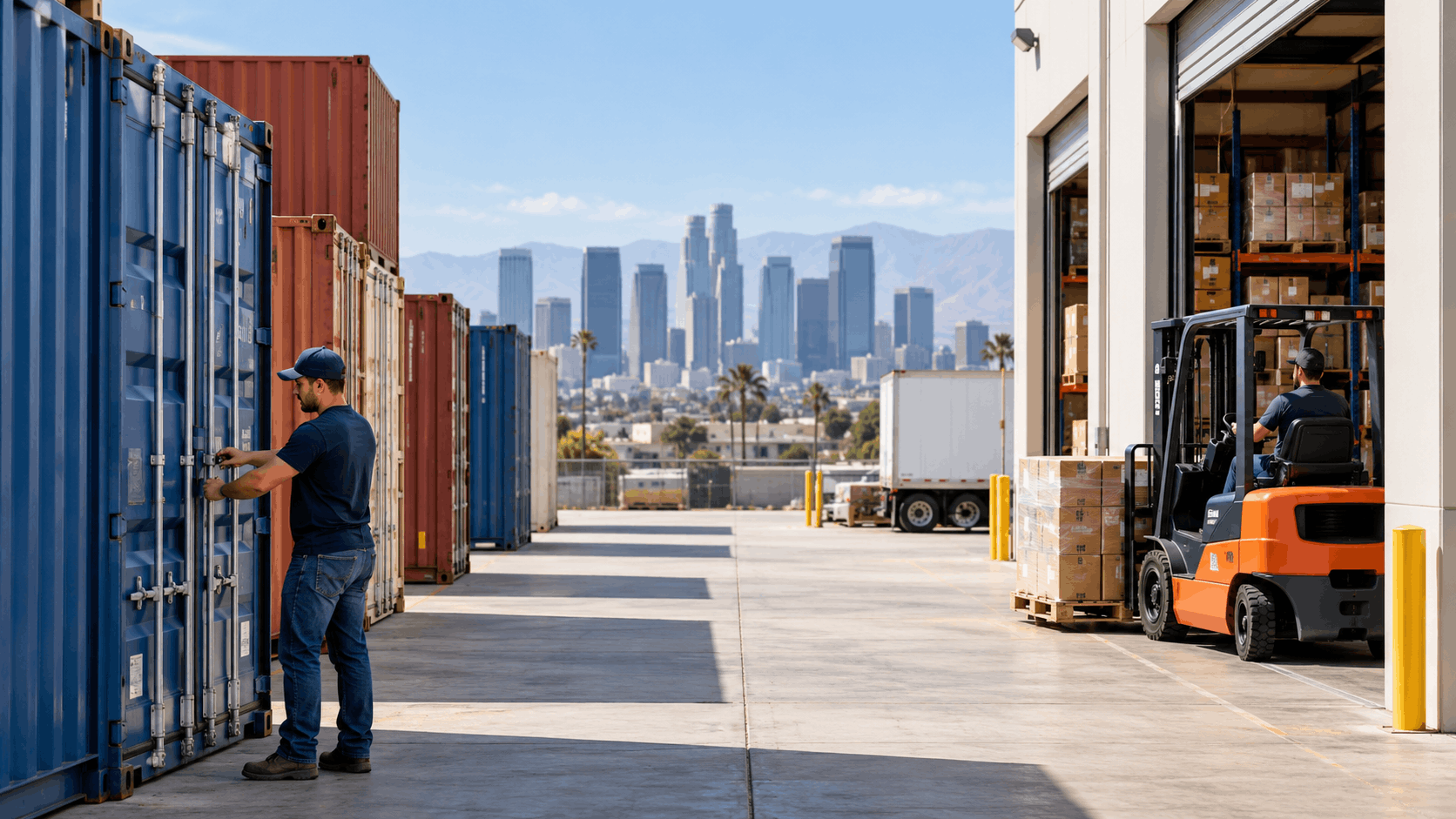 Los Angeles warehouse worker securing shipping container with forklift and downtown skyline