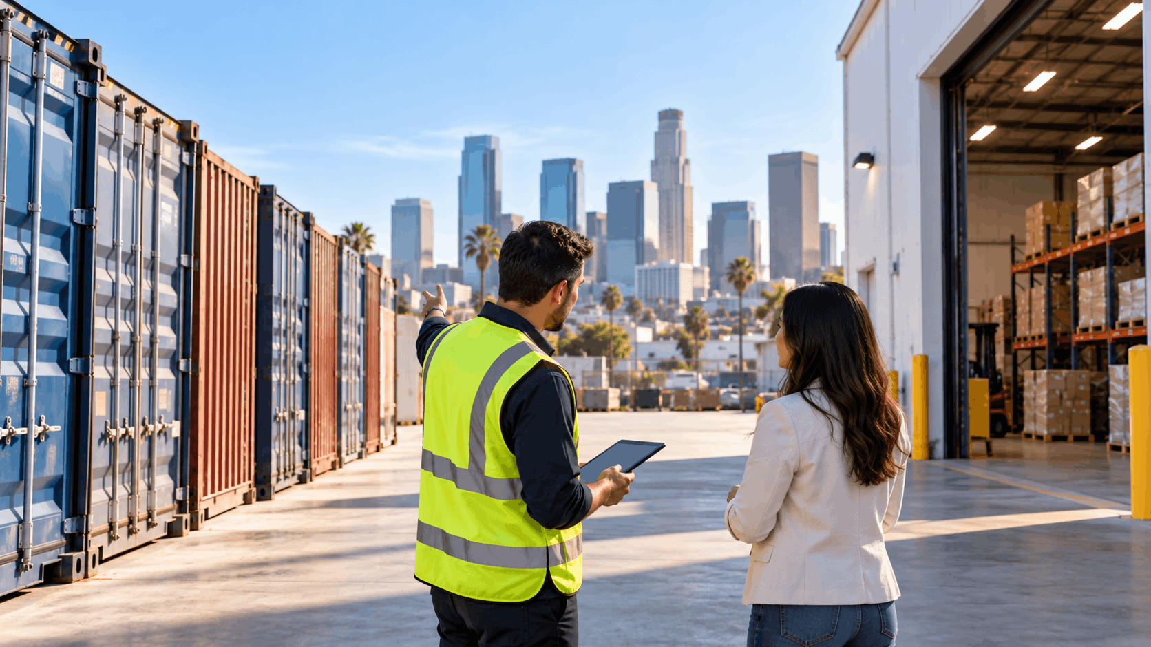Warehouse manager and client reviewing long-term storage containers near Los Angeles skyline