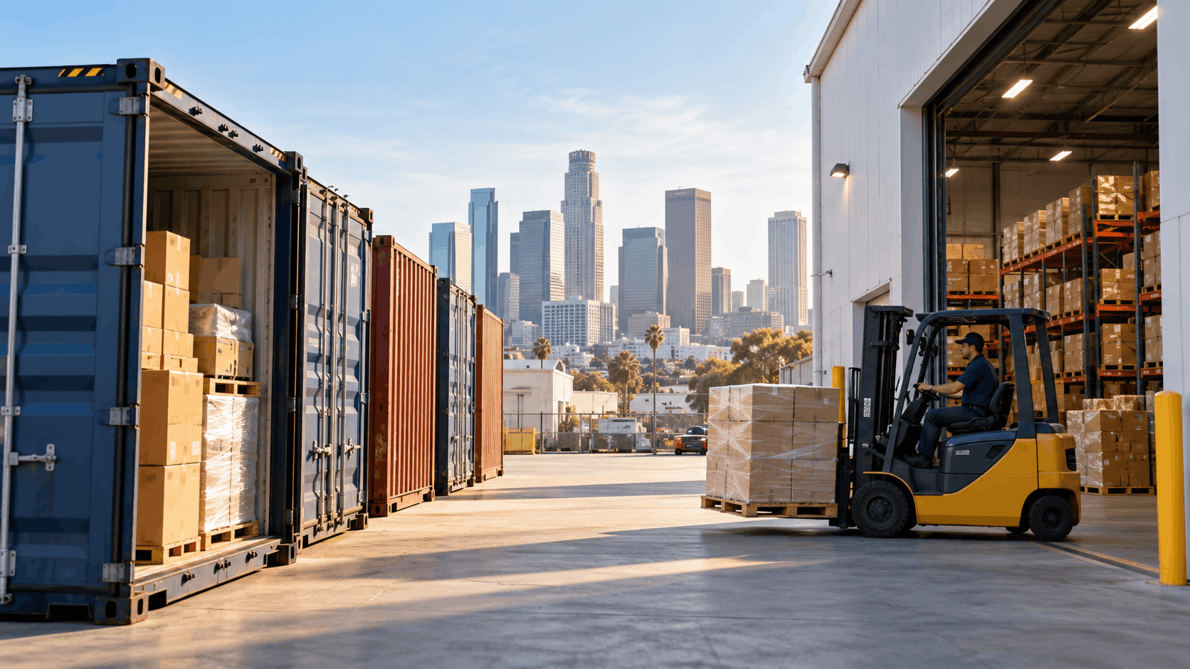 Forklift operator unloading pallets near shipping containers with Los Angeles skyline background
