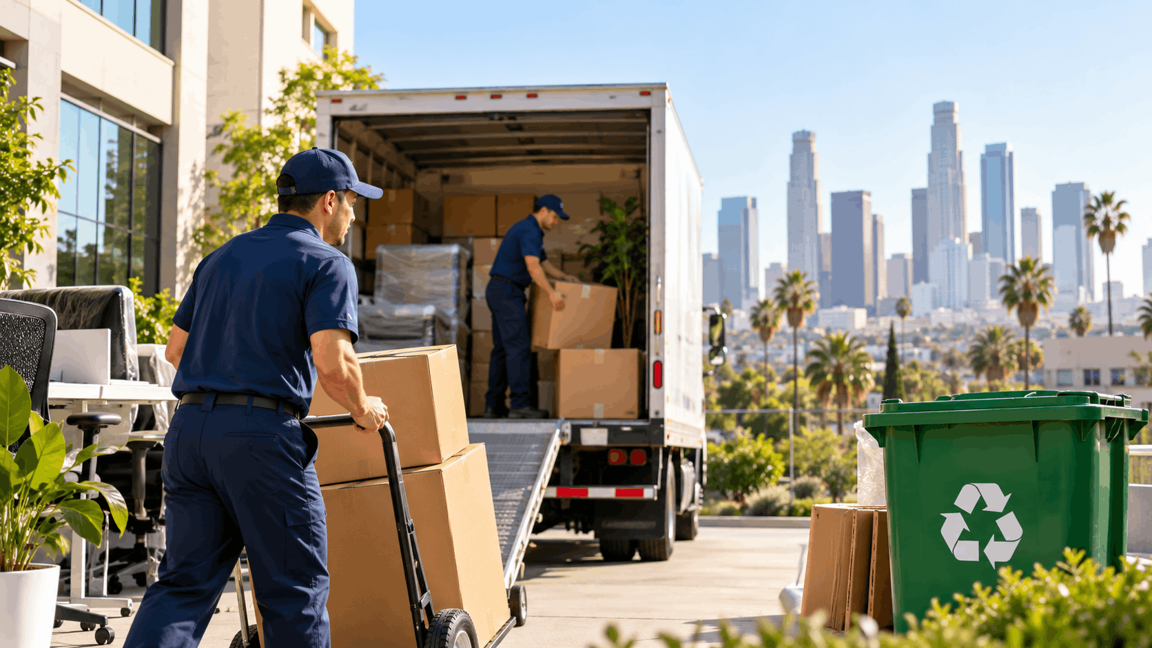 Two movers in blue uniforms loading boxes into moving truck with Los Angeles skyline