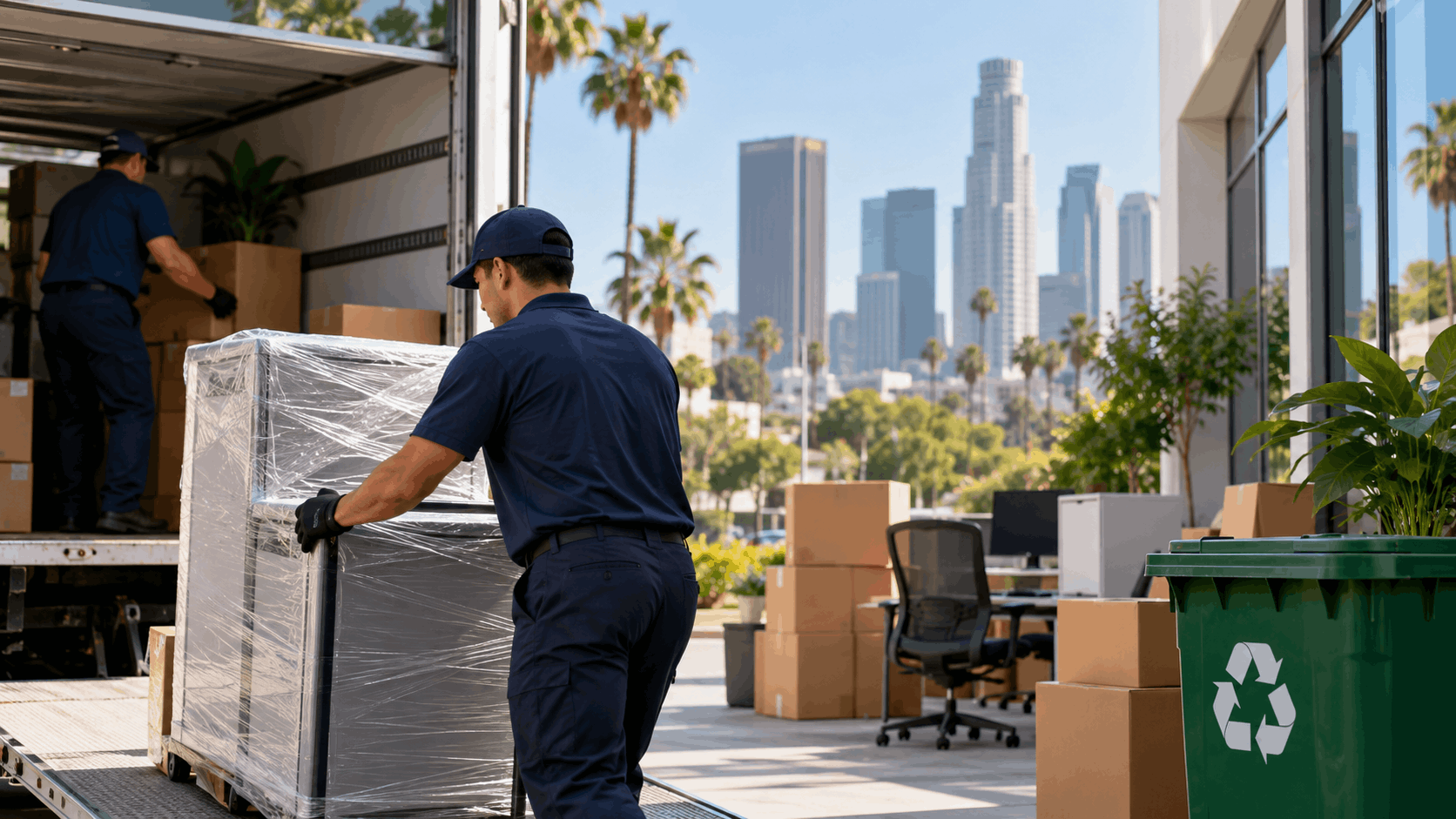 Two movers in navy uniforms loading wrapped furniture onto moving truck in Los Angeles