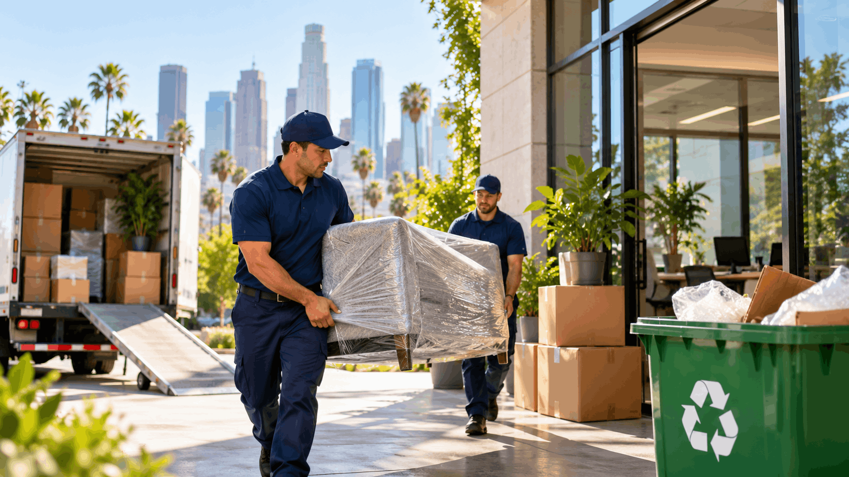 Two movers carrying wrapped furniture into Los Angeles office building during commercial relocation