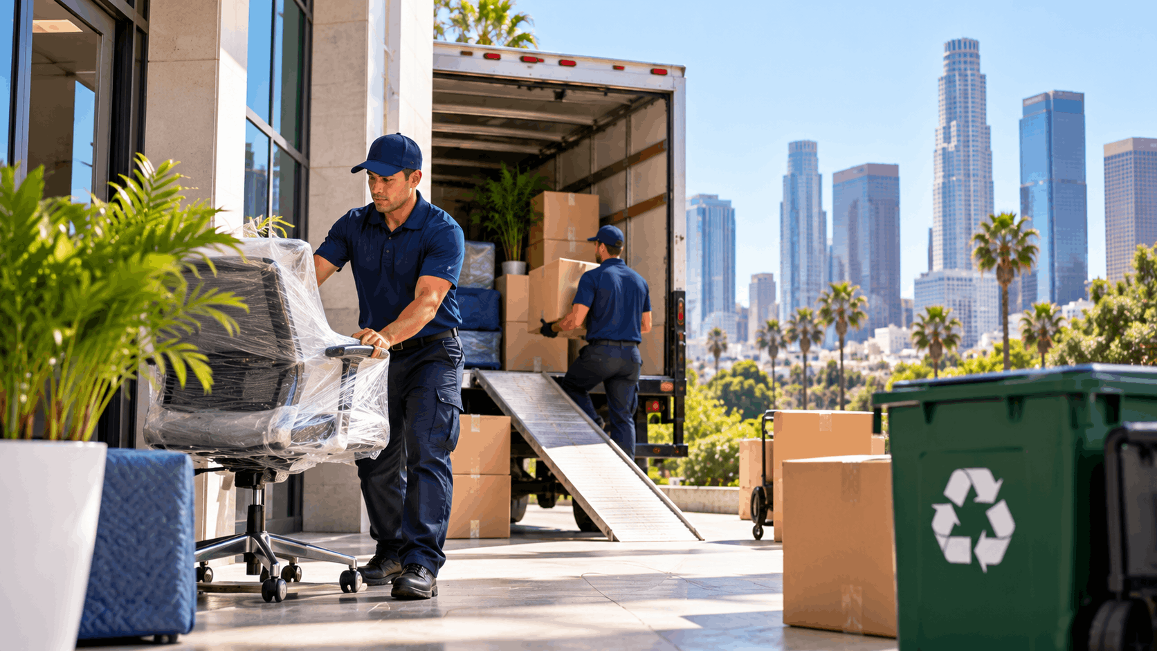 Two professional movers unloading office furniture and boxes from moving truck in Los Angeles