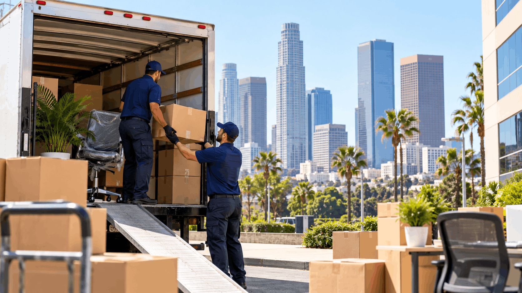 Two movers loading cardboard boxes into a truck with Los Angeles skyline background
